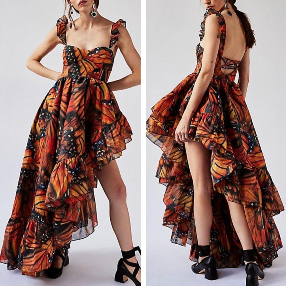 Selkie Asymmetrical Dress in Orange and Black